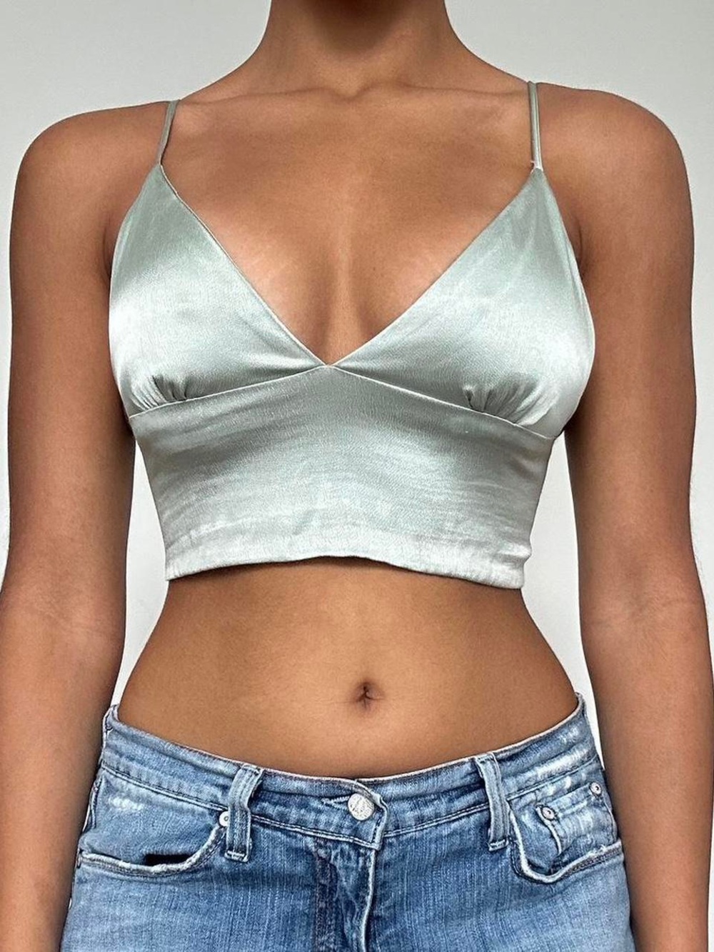 🌱 Mustard Seed Mint Green Satin V-Neck Crop Cami Top